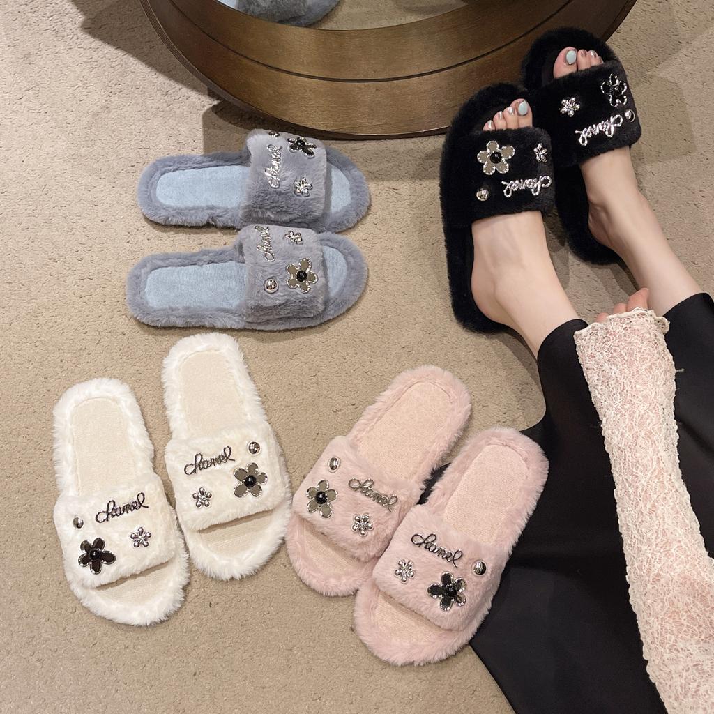 Handmade Mao Mao shoes one-word cotton mop 2025 popular household cotton slippers women wear non-slip flat plush slippers