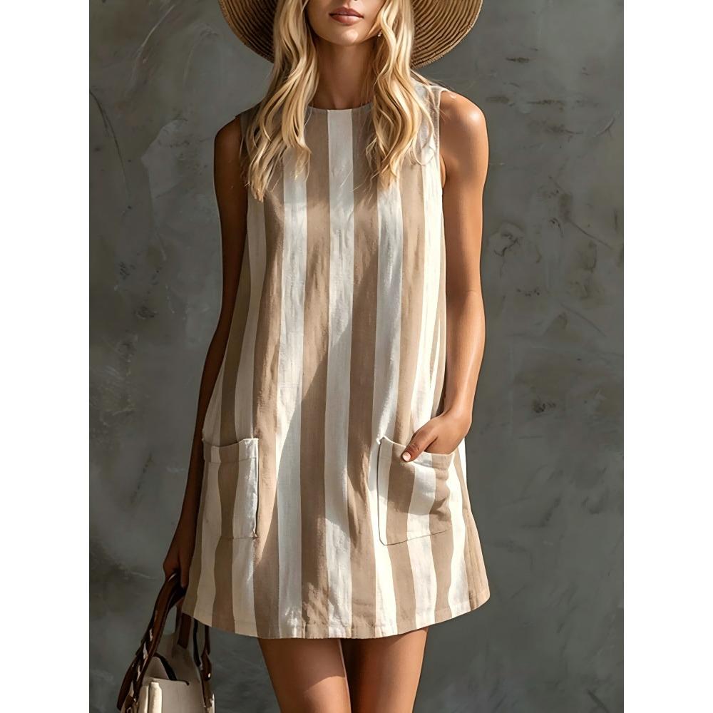 Vintage Striped Mini Dress, Round Neck Sleeveless Women Dress
