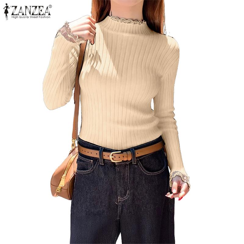 ZANZEA Damen-Pullover mit Stehkragen, langen Ärmeln, Spitzen-Patchwork-Stretch-Rippstrick, Unterhemden