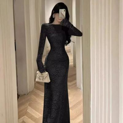 Beyaz Dantelli Uzun Kollu Elbise Kadınsı Zayıflatıcı ve Kalça Saran Uzun Etek