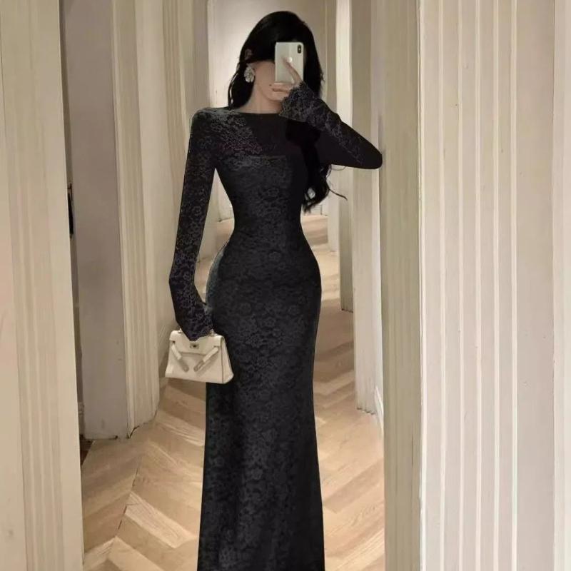 Bílé krajkové šaty s dlouhým rukávem Ženské Zeštíhlující a Obepínající boky Dlouhá sukně