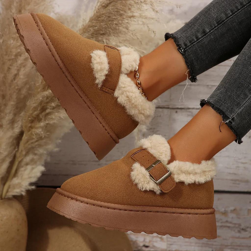 Neue Damen Schuhe Slipper Damen Stiefel Winter Runde Zehenpartie Einfarbig Wildleder Plüsch Warm Mittelhoch Absatz Schneestiefel Schwarz Botas Mujer