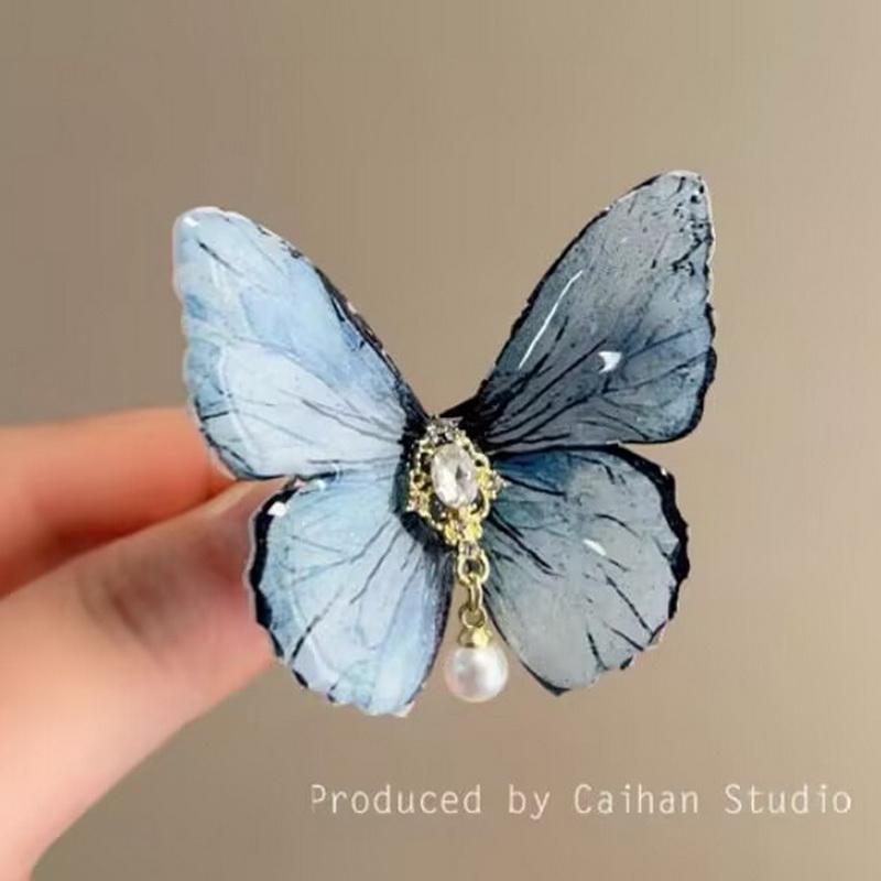 Retro Butterfly Hair Clip For Women Cute Blue Bow Hairclip Girls Pearl Barettes Kid Pink Hairpin Hanfu Hair Accessory