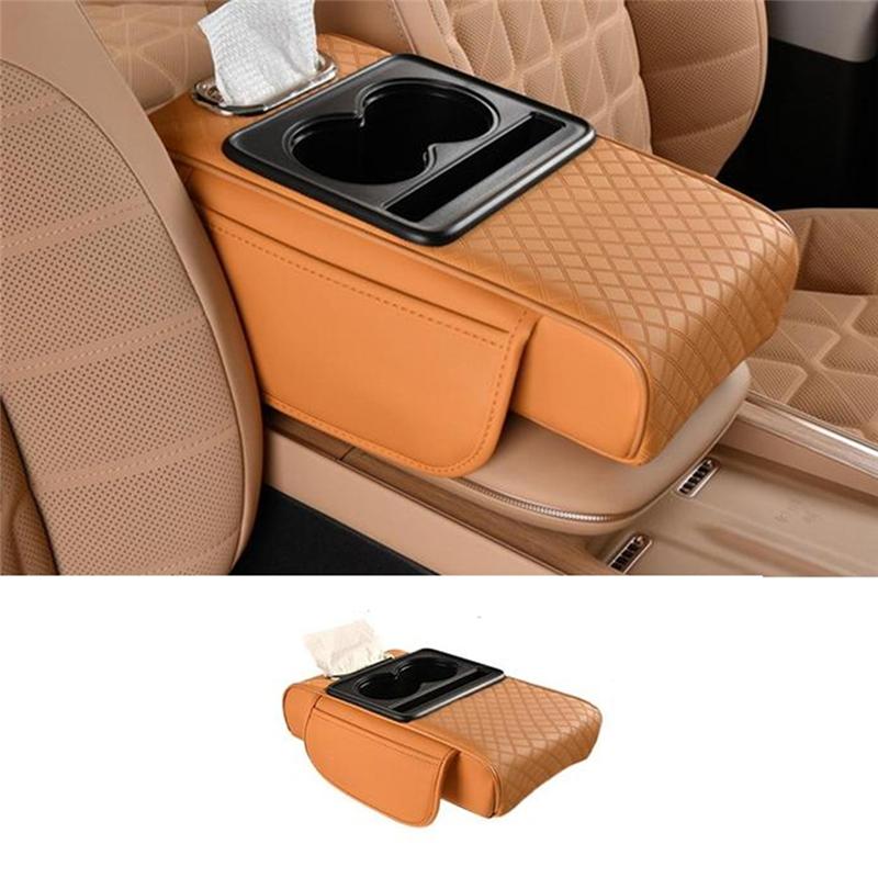 Powerful Car Armrest Box Heightening Cushion With Cup Holder Tissue Box Side Storage Pocket For Auto Interior Arm Rest Cover
