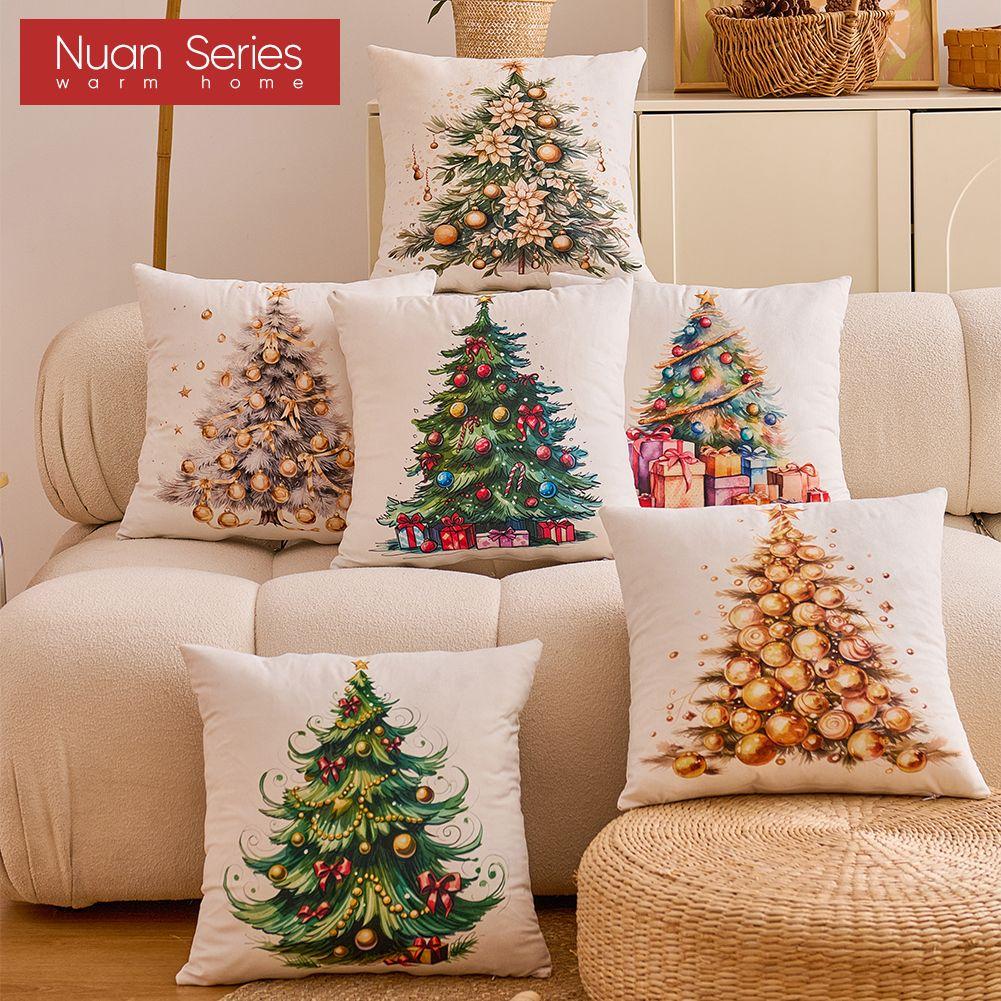 1PC Nuan Series Christmas Pillowcase Hand Drawn Christmas Tree Cluster Printed Cushion Cover for Sofa Living Room Bedroom Home Decor Party Decor