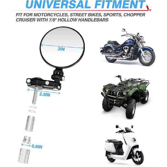 MICTUNING Universal Motorcycle Mirrors - 3 Inch Round Folding Bar End Side Mirror Compatible With Honda, Scooter, Suzuki, Yamaha, Kawasaki, Victory