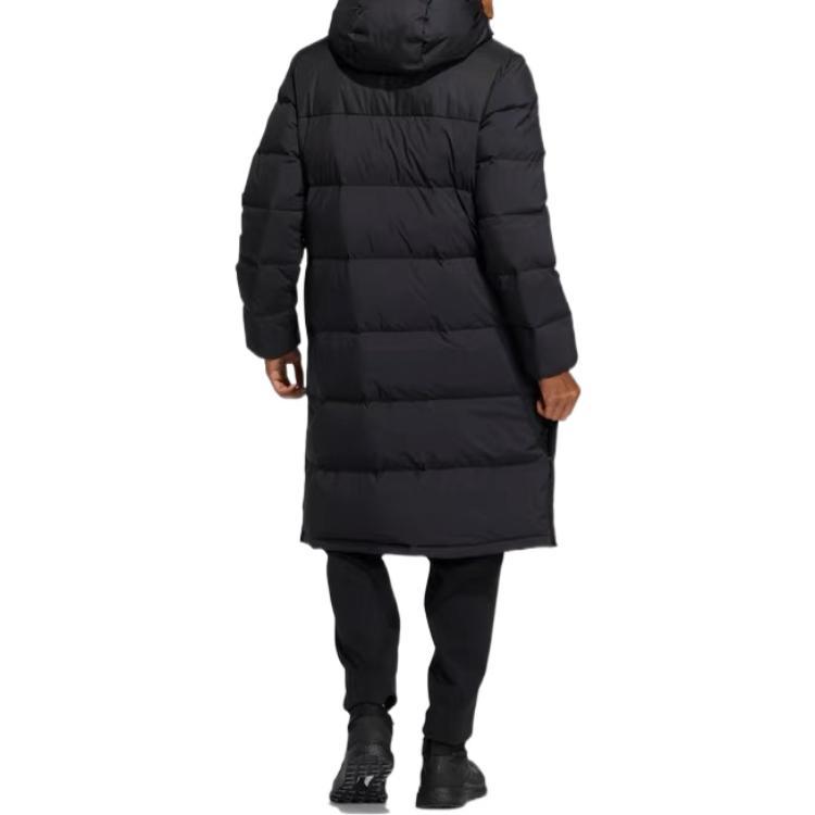 Adidas Solid Color Logo Print Hooded Mid-Length Down Jacket Men Outerwear Black HZ5345