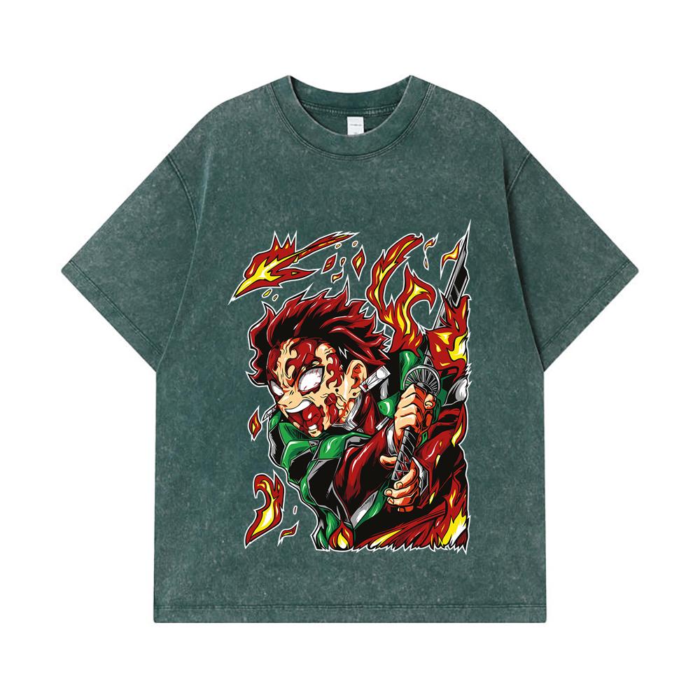 275 GSM Washed T-shirts 100% Cotton Demon Slayer V101 Tanjiro Print Unisex Heavy Cotton T Shirt
