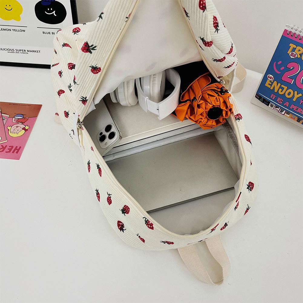 Corduroy Student Schoolbag for Girl Fashion Laptop Backpack Large Capacity Travelling Bag Multi-Pockets Strawberry Casual Bag