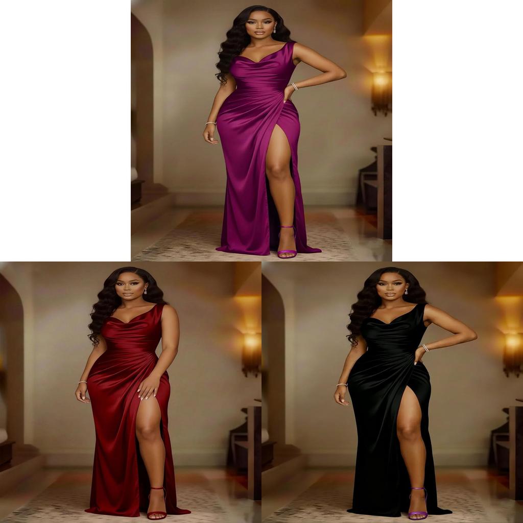 Elegant Satin Slit Hem Sleeveless Mermaid Dress With High Waist For Evening Parties