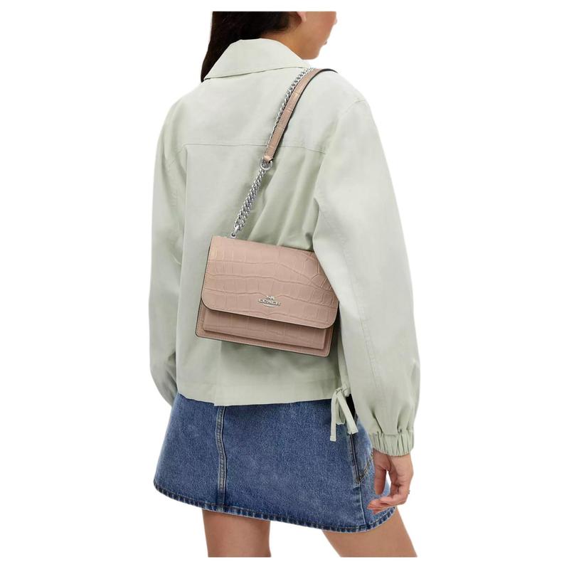 Coach Klare 22 Nameplate Logo Nameplate Snap Flap Crocodile Embossed Leather Shoulder Crossbody Bag Small Women's Stone