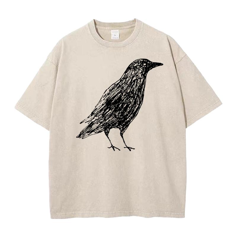 Sketch Bird Graphic Crew Neck Washed Tshirts Mother Day Tees Short Sleeve Classic Cotton Funny Washed Tees Outdoor Adult