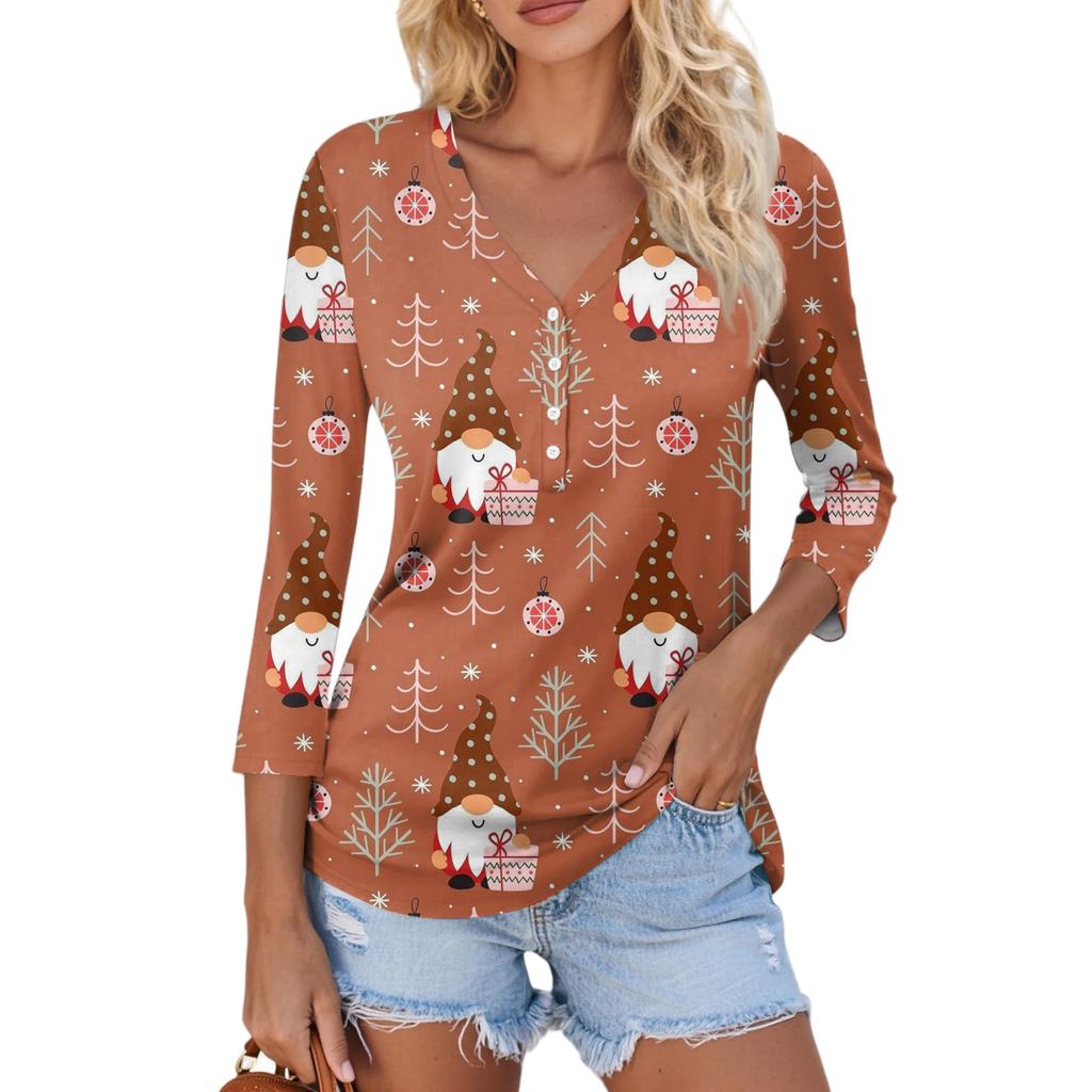 Women's Casual Fashion Sexy Comfortable Christmas Print V-Neck Button Three-quarter Sleeve Top