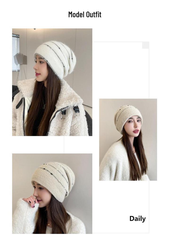 Women's Rabbit Fur Slouchy Hat with Ear Protection - Knitted Jumper Yarn, Plus Velvet, Autumn/Winter Style for Outdoor Warmth