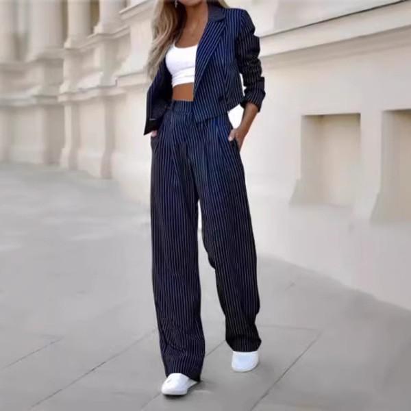 Women's Temperament Casual Striped Short Style Lapel Suit Straight Leg Pants Set