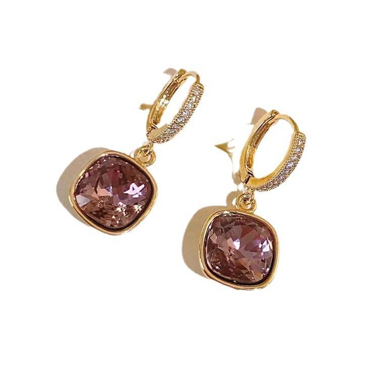 New Green Crystal Geometric Square Earrings for Women, Niche Temperament Earrings