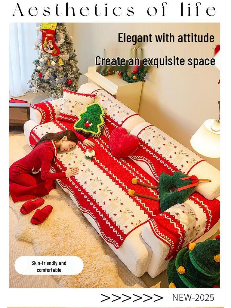 Festive Red Chenille Non-Slip Sofa Cover for All Seasons - New Year & Christmas Style