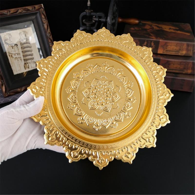 Decorative Alloy Offering Plate with Ornamental Pattern Tall for Religious Ceremonies Home Decoration Highlight