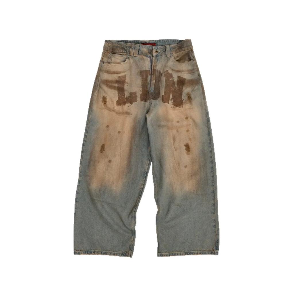 Y2K Vintage Washed Letter Print Denim Jeans High Waist Cotton Straight Leg Streetwear Long Trousers