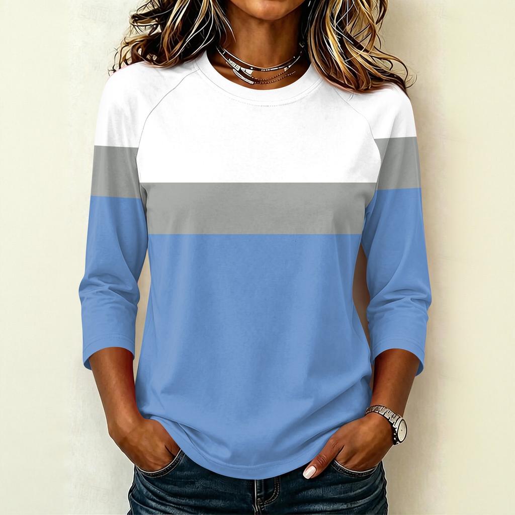 Women's Raglan Sleeve T-Shirt, Round Neck Three-Quarter Sleeve Striped Color-Block Pullover Top