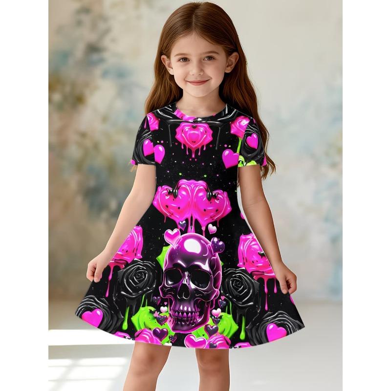Gothic Cartoon Skull 3D Printed Girl Clothes Summer Princess Elegant Dresses Comfortable Short Sleeve Dress Fashion Kids Clothes