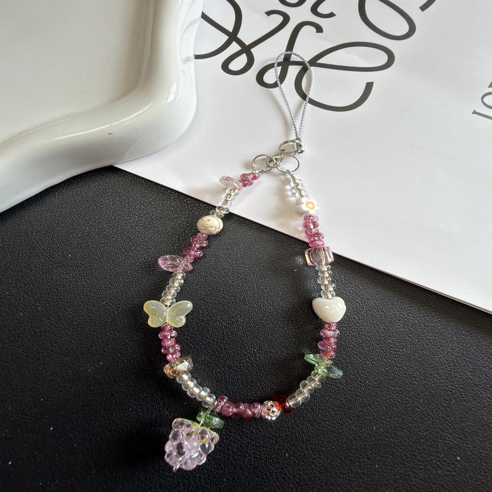 Pvc Pink Heart Bear Crystal Phone Strap With Butterfly Heart Pendant For Girls