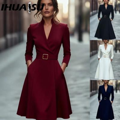 Damenmode Herbst Winter Einfarbiger Druck Langarm V-Ausschnitt Freizeitkleider