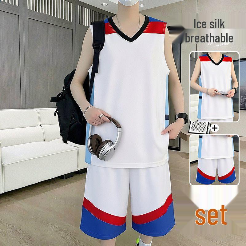 11050 Men's Summer 2026 Ice Silk Quick-Dry Vest & Shorts Set for Basketball Training - Sleeveless & Loose Fit