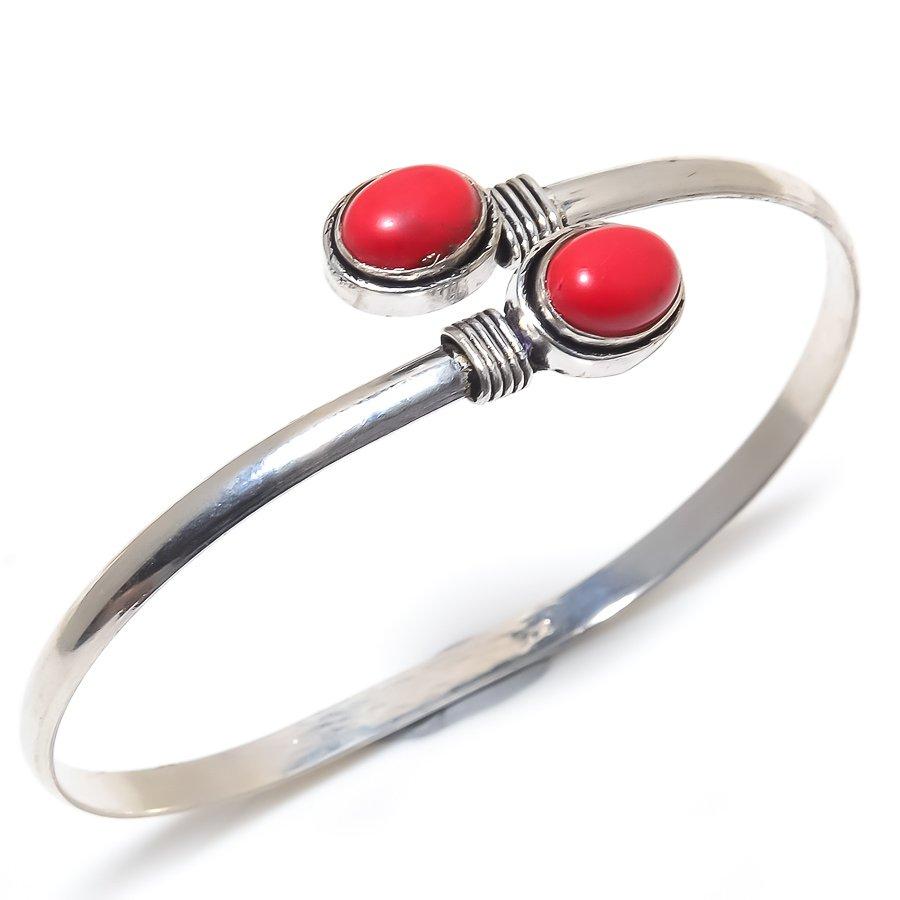 

Natural Italian Red Coral Gemstone Handmade Cuff Bracelet Adjustable b9n08