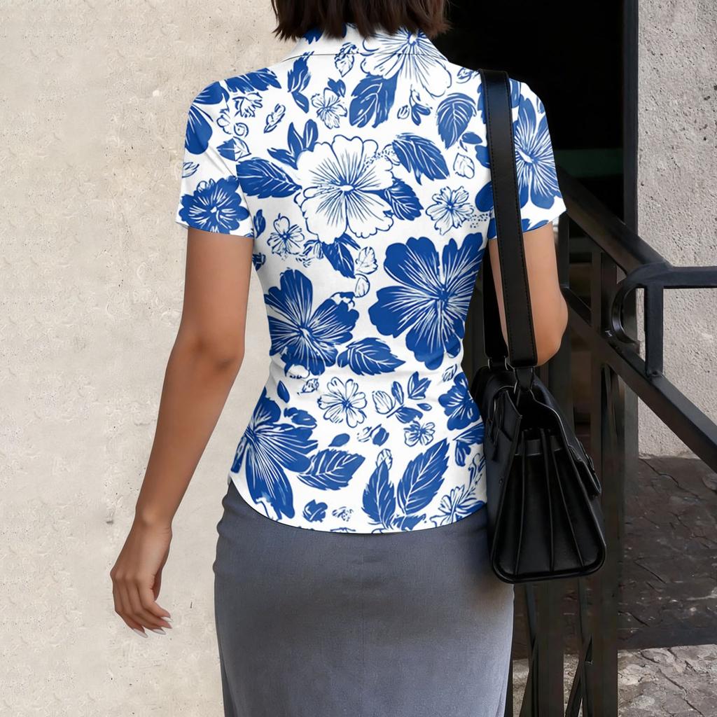 Damen Slim Fit Kurzarmhemd Button-Down Blumenprint Kragenbluse Sommer Lässig Arbeitskleidung Top
