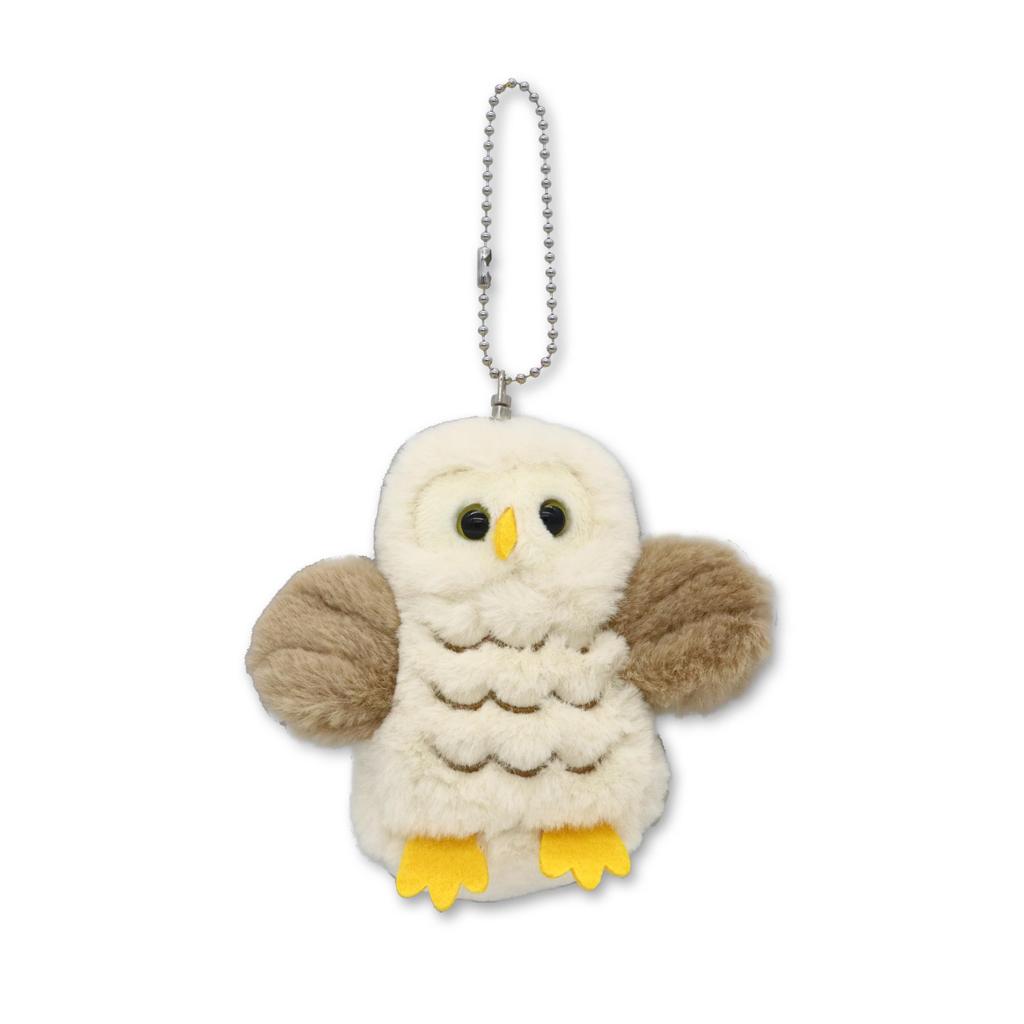 Takeoff Patter Owl Schlüsselanhänger. Niedliche Eule mit ausgebreiteten Flügeln und flatternder Spielzeugkiste. Beige [Musik inklusive]