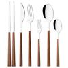 6Pcs Wood Handle Cutlery Set Steak Knife Fork Tea Spoon Chopsticks Dinnerware Stainless Steel Tableware Western Kitchen Flatware