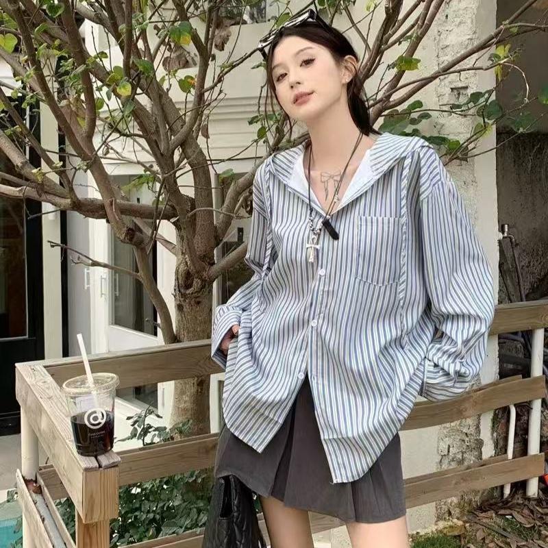 Striped Hooded Women's Long Sleeved Shirt Korean Style Loose Casual Shirts Spring Fashion Single Breasted Lady's Blouses