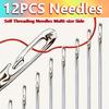 12pcs Stainless Steel Easy Thread Side Hole Sewing Needles, Hand Stitching Pins for Seniors, DIY Home Craft Supplies - White, Stitching Pins