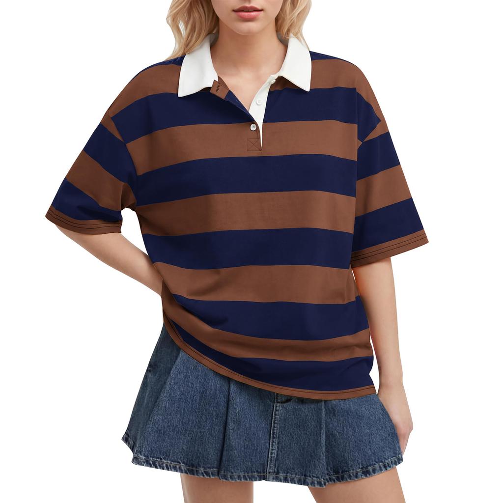 Women’s Casual Striped Polo Collar Loose Fit Short Sleeve Top Relaxed Style Pullover Shirt for Everyday Wear