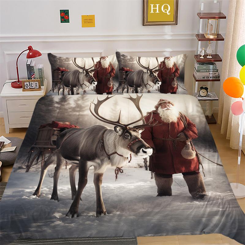 Jultomte Älg 3D-printad Polyester Kuddfodral Täcke Överdrag Två Eller Tre Delars Set