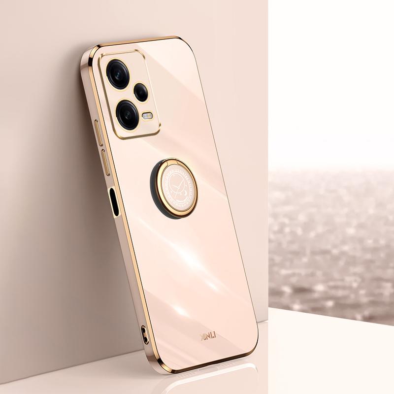 

XINLI Phone Case for Xiaomi Redmi Note 12 Pro+ 5G Electroplating Golden Edge Ring Holder Kickstand TPU Phone Cover Pink
