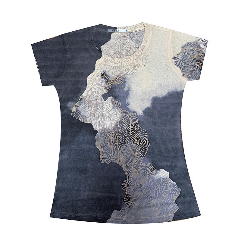 Southeast Asia Europe 2025 Summer Women's Slimming Printed Short Sleeve Top