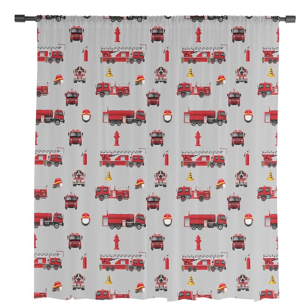 Tende Trasparenti Grigie con Camion dei Pompieri a Cartoni Animati per Camera da Letto Soggiorno Decorazione Tenda per Finestra per Cucina Tende in Tulle Voile Organza