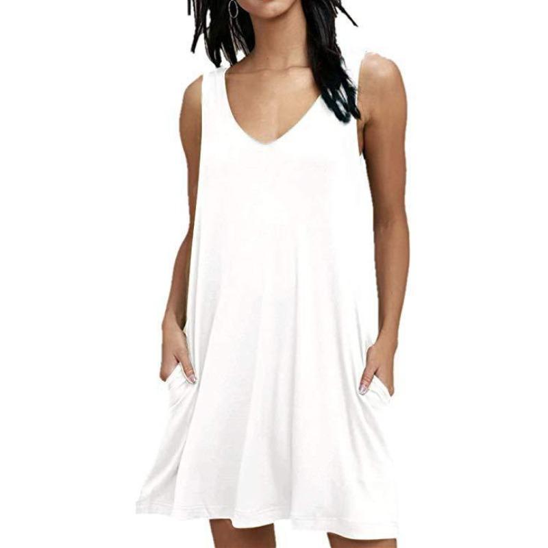 Summer Women's Dress V-neck Sleeveless Loose Casual Pocket Dresses