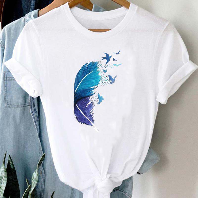 (European Size) Cute Women Print Tee Top Butterfly Camera Trend Style Cute Clothing Casual Short Sleeve Fashion Tshirt Lady Female Graphic T-shirt