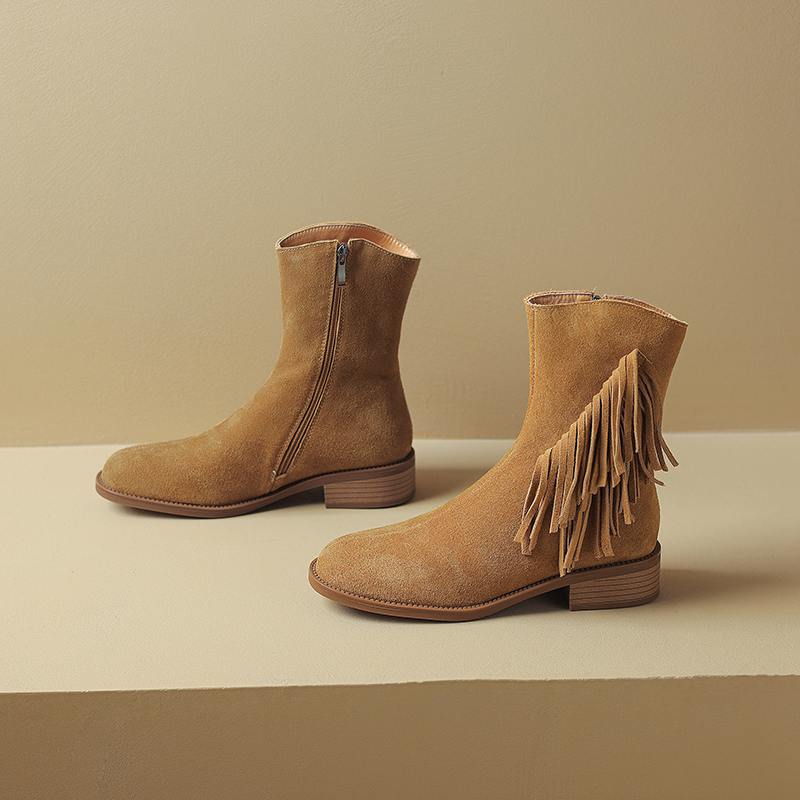 Krazing Pot Cow Suede Nubuck Autumn Winter Shoes Med Heels Size 42 Modern Boots Round Toe Zipper Tassel Ankle Boots