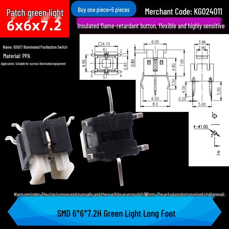 LED Luminous Tactile Switch 6x6x7/7.2mm Through-Hole Reset Button