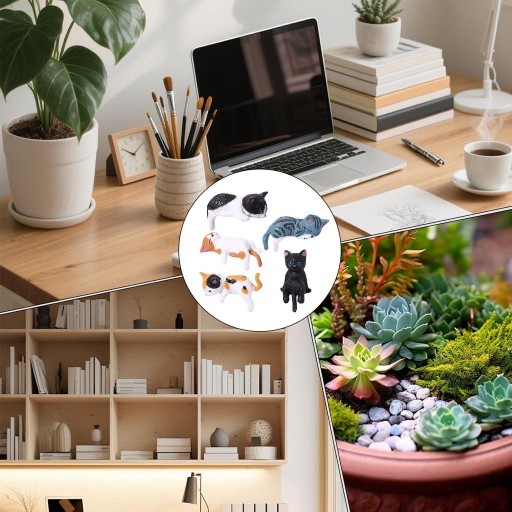 Small Cat Figurines Cartoon Resin Home Decor 5 Pieces Kitten Figurines Desk Decor for Women Vehicle SUV Dashboard Computer Desk