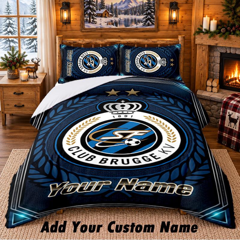 Club Brugge FC Pattern Bedding 3Pcs Set Custom Name, Bed Sheet And Pillowcases For Home Bedroom