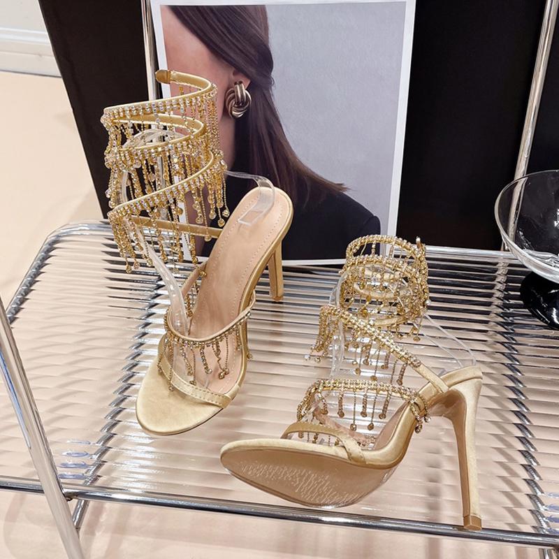 Liyke femei elegante nuntă banchet pantofi moda cristal Tassel Twining sandale stiletto sexy Open Toe stripper tocuri aurii