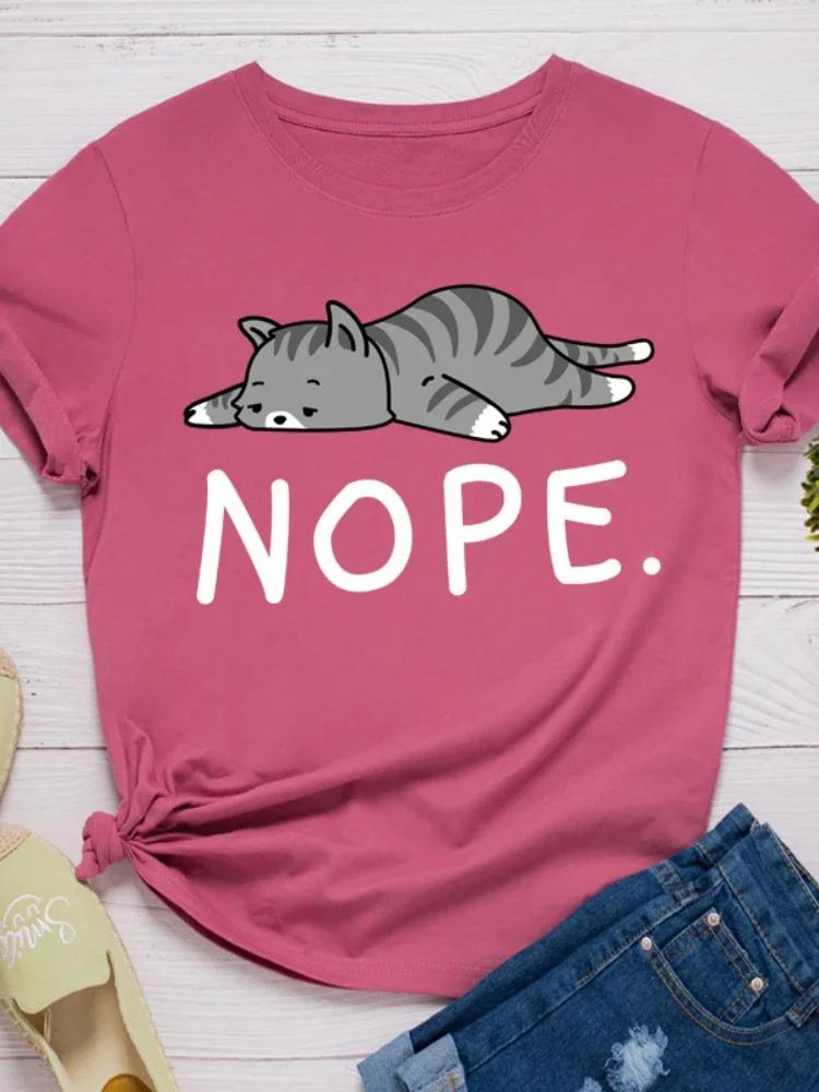 Não Estampa de Gato Camiseta Feminina Manga Curta Gola O Solta Camiseta Feminina Camiseta Feminina Tops Roupas Camisetas Mujer