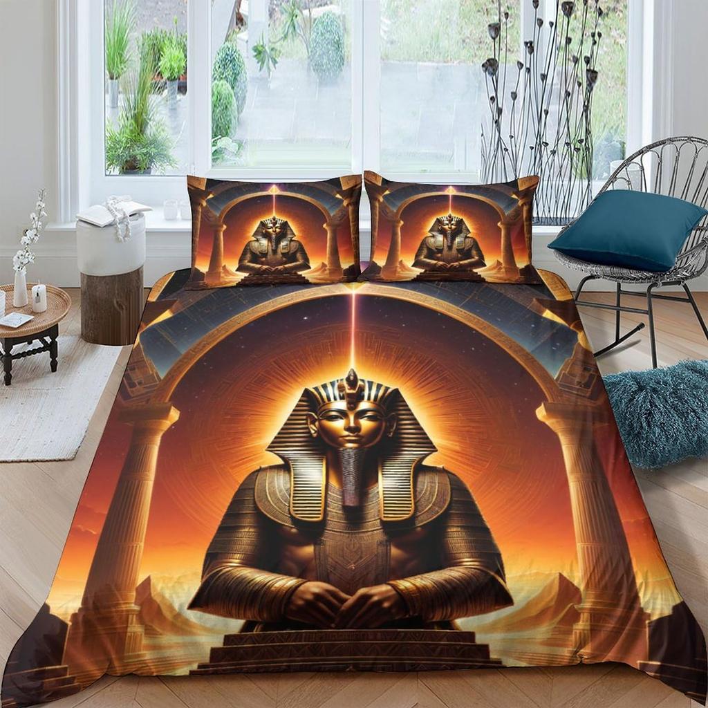 Egypt Pharaoh Duvet Cover Set Egypt Tribal Pattern Bedding Set Pyramid Sphinx Printed Comforter Cover With Zipper 2/3 Pcs Set