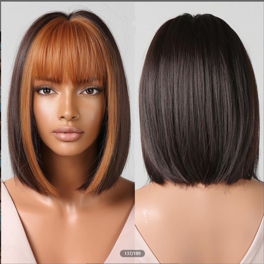 

ALAN EATON Коричневый смешанный фиолетовый боб синтетический парик Короткие прямые парики с челкой Натуральный цвет Женские накладные волосы Золотой парик Термостойкий