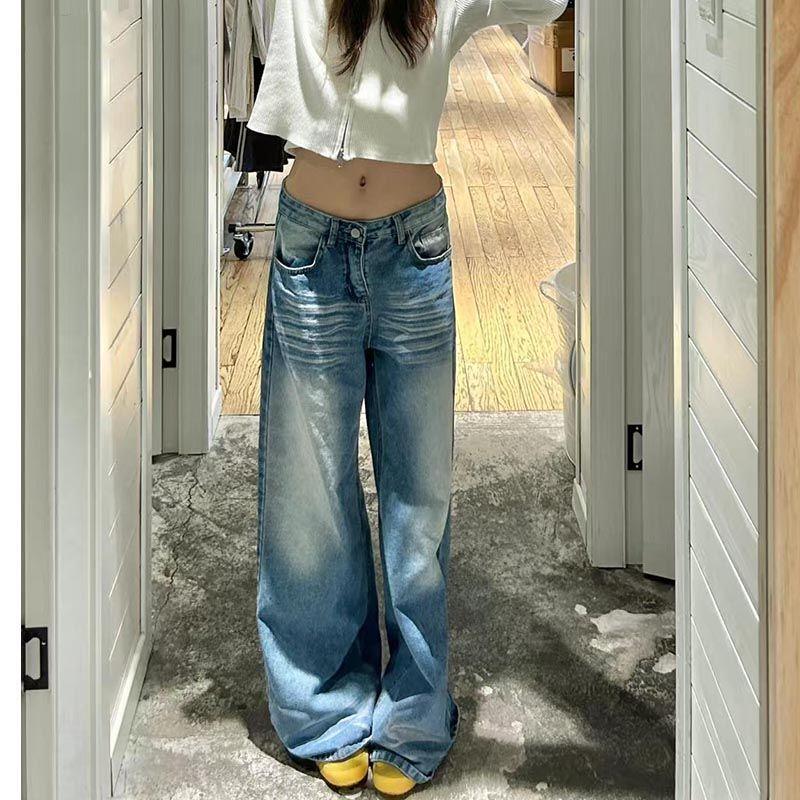 

American Style Low Waist Wide Leg Denim Female 2025 New Straight Loose Slim Looking Student Easiest for Match Drape Mop Pants Blue pants 155-165 XL